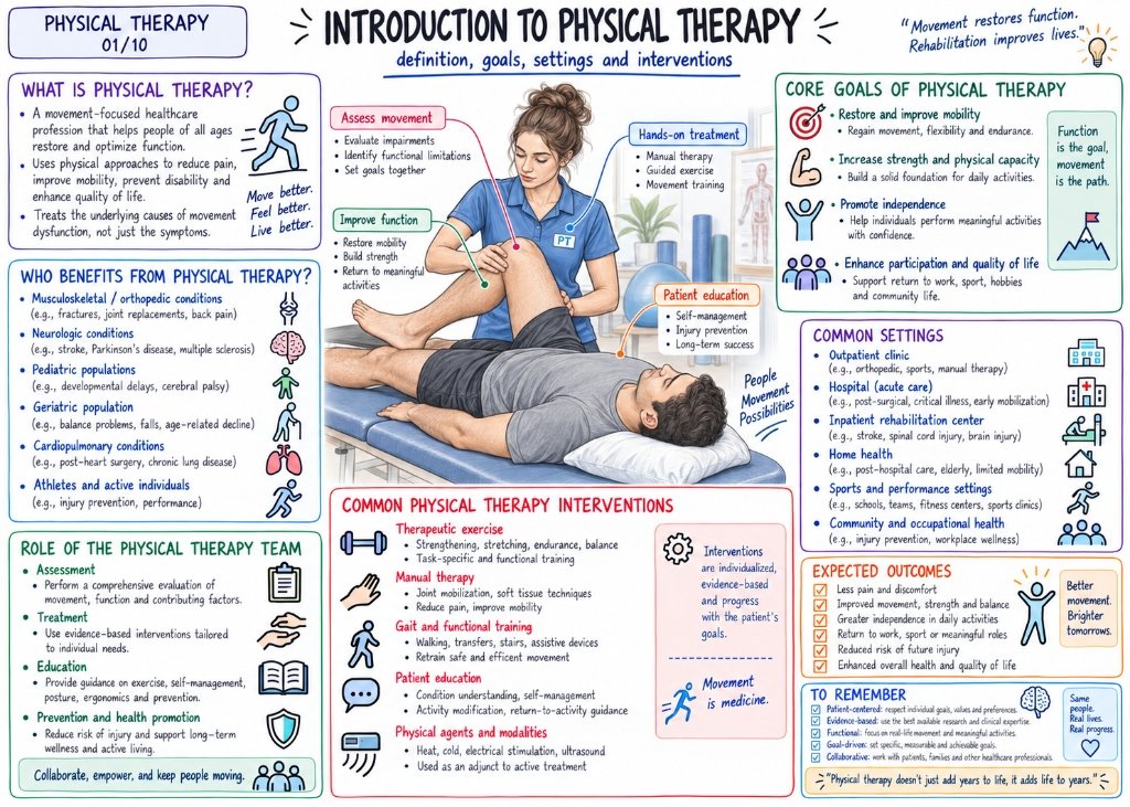 01/10 Introduction to Physical Therapy: Definition, Goals, Settings & Interventions